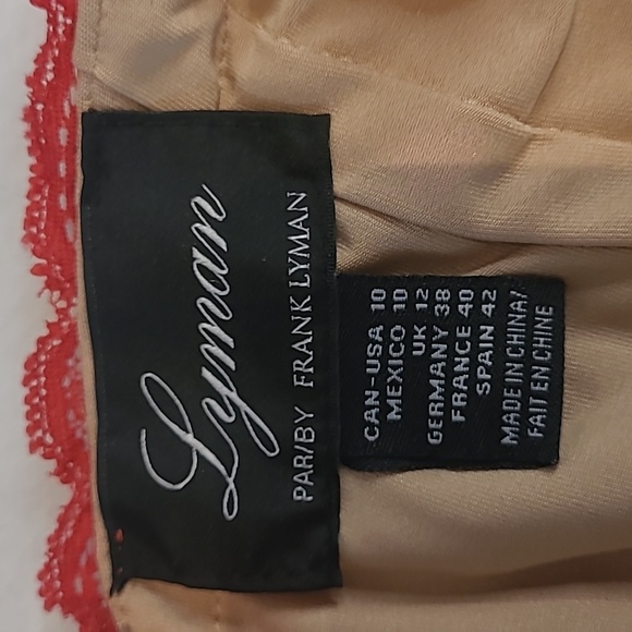 Frank Lyman, red dress, plunging neckline, fully lined, lace, red rhinestones - Picture 6 of 10